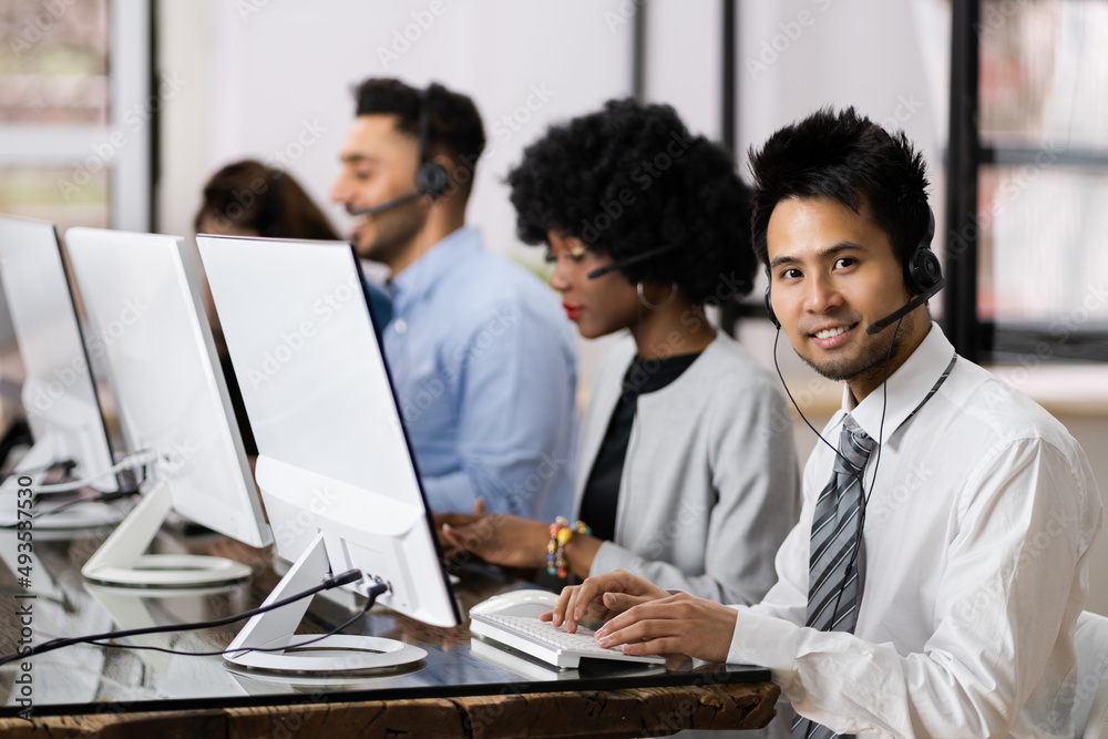 Positive Customer Services Agent With Headset Working Positive Customer Services Agent With Headset Working