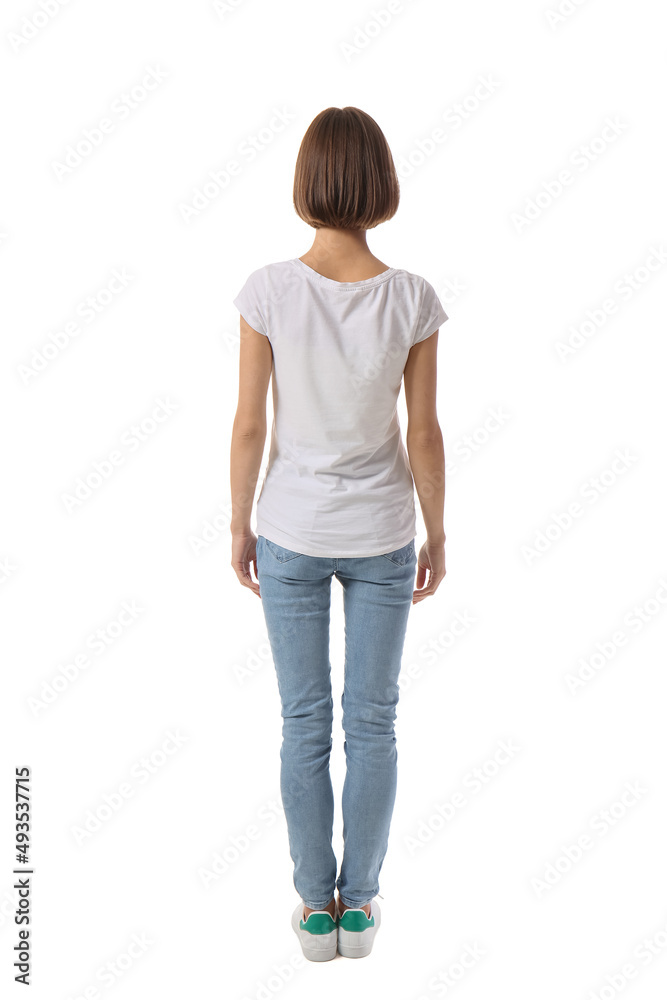 Beautiful young woman in stylish t-shirt on white background, back view Beautiful young woman in stylish t-shirt on white background, back view