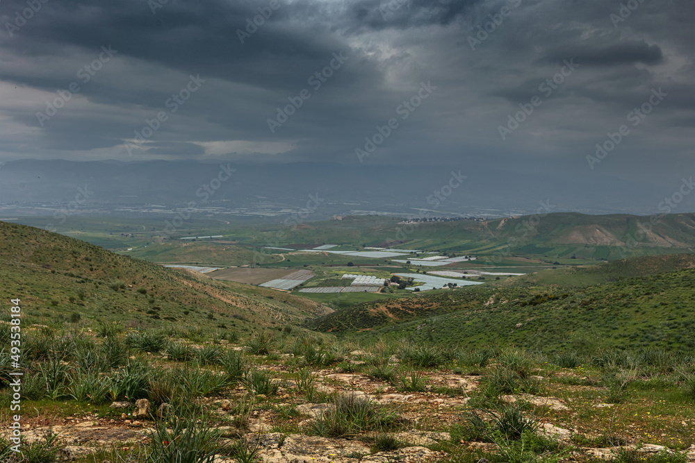 Landscape in rainy weather, two countries 