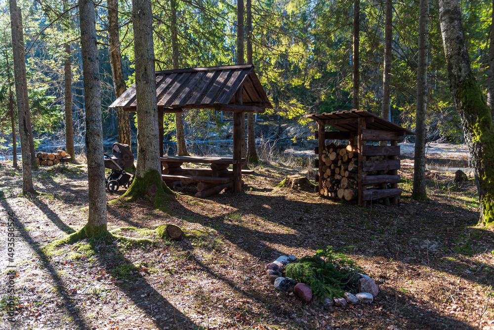 Rest area with gazebo, firewood and fireplace in the woods by the river on a sunny spring day, Ivande, Latvia.