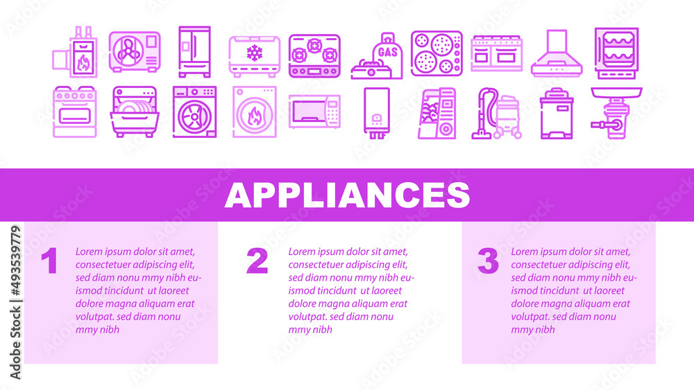 Appliances Domestic Technology Landing Web Page Header Banner Template Vector. Refrigerator And Freezer Kitchen Appliance, Oven And Stove, Washer And Dryer Electronic Household Equipment Illustration