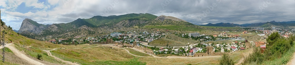 Panoramic view towards Perchem Mountain from Genoese Fortress, Sudak, Crimea.