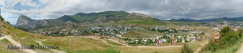 Panoramic view towards Perchem Mountain from Genoese Fortress, Sudak, Crimea.