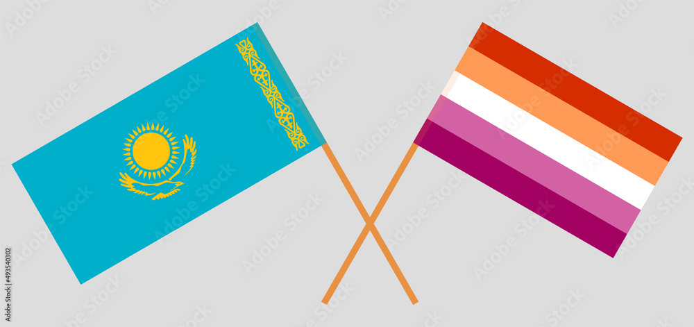 Fototapeta premium Crossed flags of Kazakhstan and Lesbian Pride. Official colors. Correct proportion