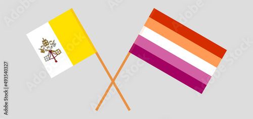 Crossed flags of Vatican and Lesbian Pride. Official colors. Correct proportion