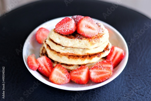 Closeup pancakes with strawberries food sweet sugar breakfast morning tasty pastry bakery nobody berry yummy berries delicious