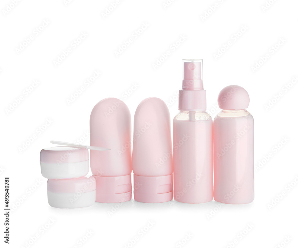 Set of travel bottles and jars with cosmetic products on white background Set of travel bottles and jars with cosmetic products on white background