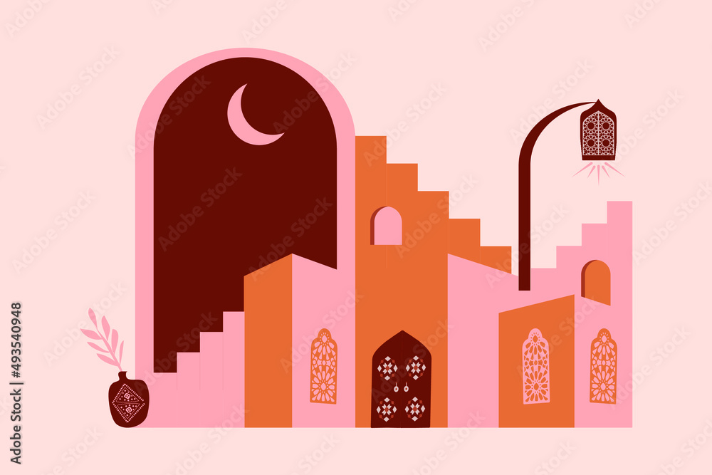 Modern and minimalist style. Moroccan scene. A Moroccan Palace, doors, windows and traditional craftsmanship. Terracotta background. Vector illustration. Modern and minimalist style. Moroccan scene. A Moroccan Palace, doors, windows and traditional craftsmanship. Terracotta background. Vector illustration.