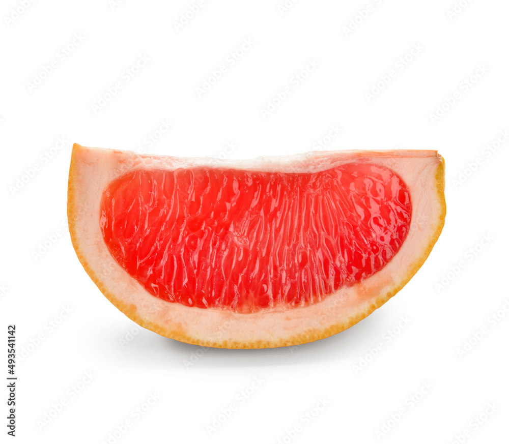 Piece of tasty ripe grapefruit on white background