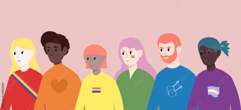 Pride Month. Non-binary international people: lesbians, gays, transgender people, queers and other representatives of the LGBTQ community. Flat vector illustration Pride Month. Non-binary international people: lesbians, gays, transgender people, queers and other representatives of the LGBTQ community. Flat vector illustration