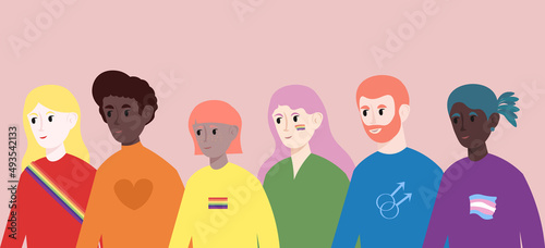 Pride Month. Non-binary international people: lesbians, gays, transgender people, queers and other representatives of the LGBTQ community. Flat vector illustration