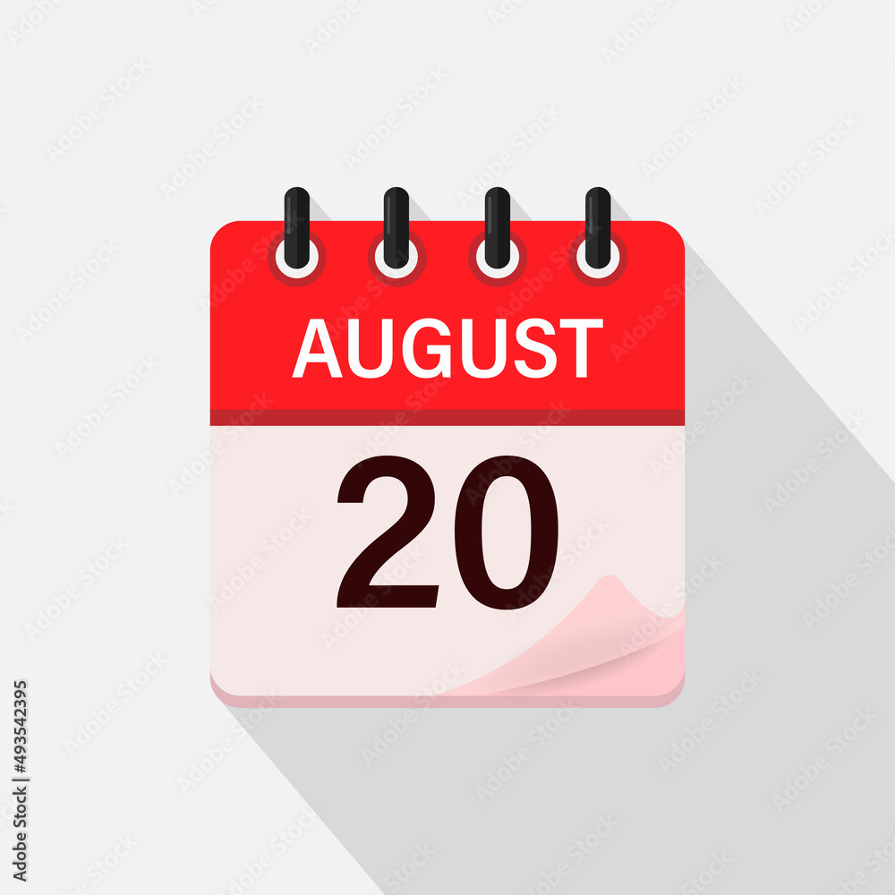 August 20, Calendar icon with shadow. Day, month. Flat vector illustration.