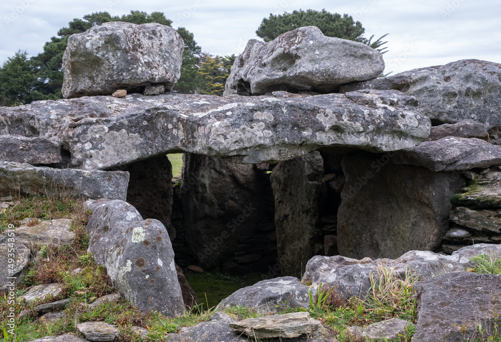 Pornic, France - March 1, 2022:  The Dolmen of Joseliere, also called Dolmen du Pissot, is a megalithic set, located in Pornic. Atlantic coast. Selective focus.