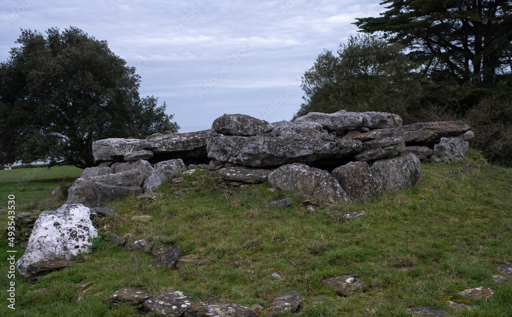 Pornic, France - March 1, 2022:  The Dolmen of Joseliere, also called Dolmen du Pissot, is a megalithic set, located in Pornic. Atlantic coast. Selective focus.