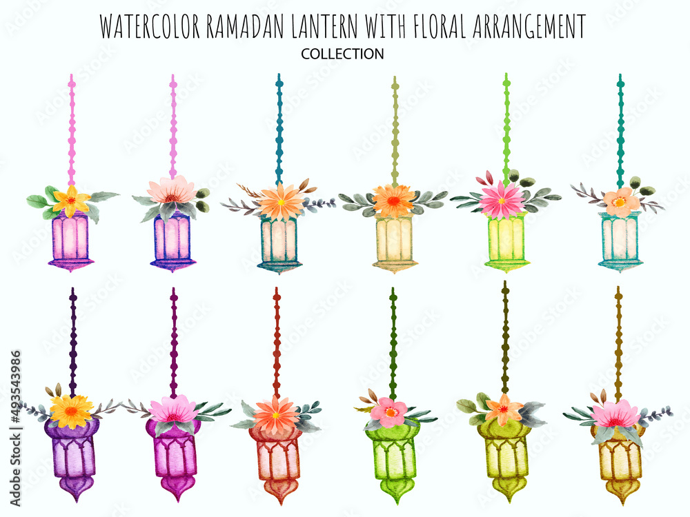 watercolor set of lantern with flower arrangement