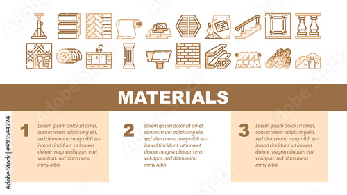 Building Materials And Supplies Landing Web Page Header Banner Template Vector. Brick And Sand, Lumber And Plywood, Flooring Roof Building Materials . Kitchen And Bath Cabinets Furniture Illustration