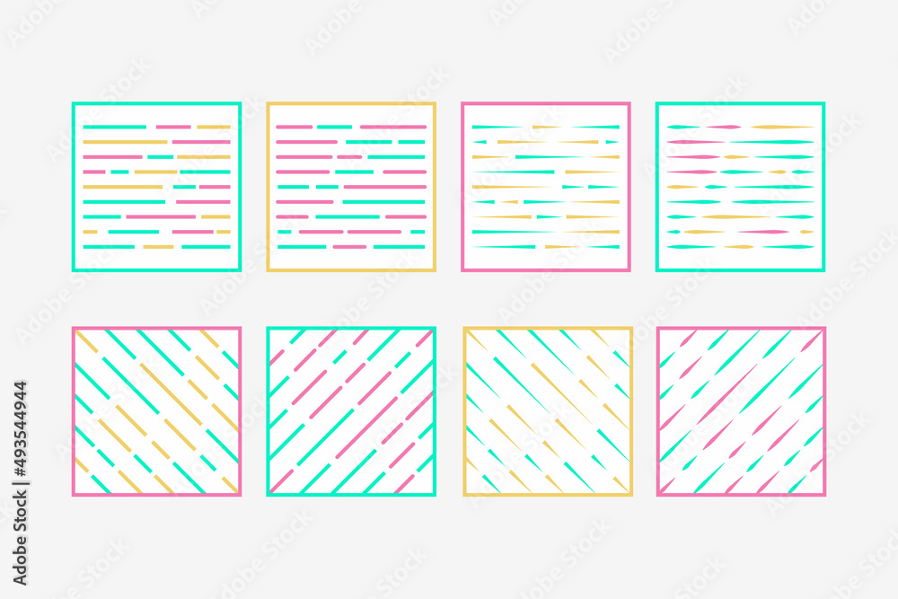 Fototapeta premium Vector parallel diagonal and horizontal overlapping two colored broken lines background or pattern set