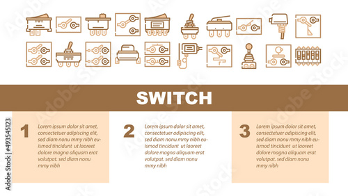 Switch Electricity Accessory Landing Web Page Header Banner Template Vector. Double Pole Single Throw Switch Electronic Mechanism Line. Joystick Temperature Measuring Electrical Device Illustration