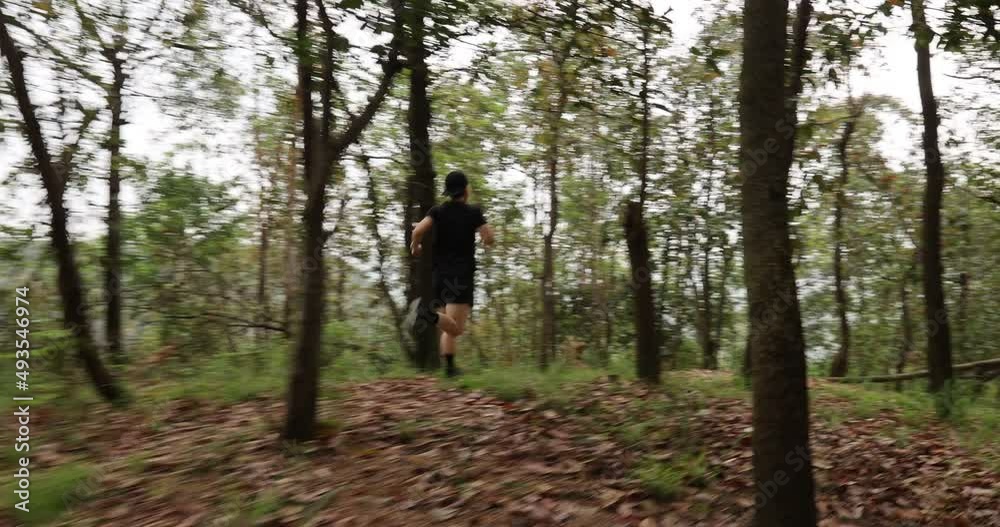 Woman runner running on forest trail Woman runner running on forest trail