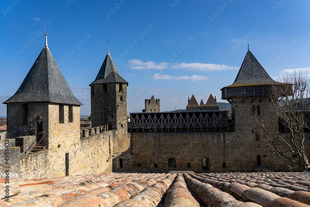 Part of a medieval castle close-up. Fortified city of Carcassonne, France.