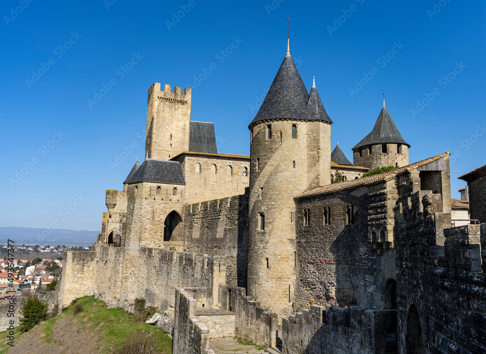 Close-up view of the fortified city. Carcassonne, France.