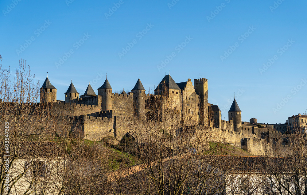 View from afar of the city-fortress. Carcassonne, France.