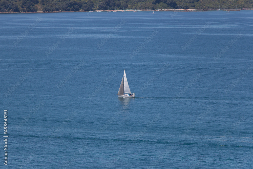 Sailboat in the middle of the sea, New Zealand.