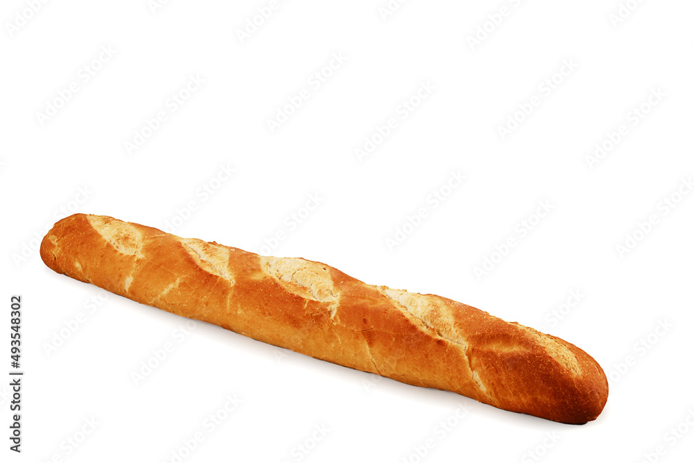 Freshly baked baguette bread, white bread commonly used to accompany food, isolated on white background with space for text