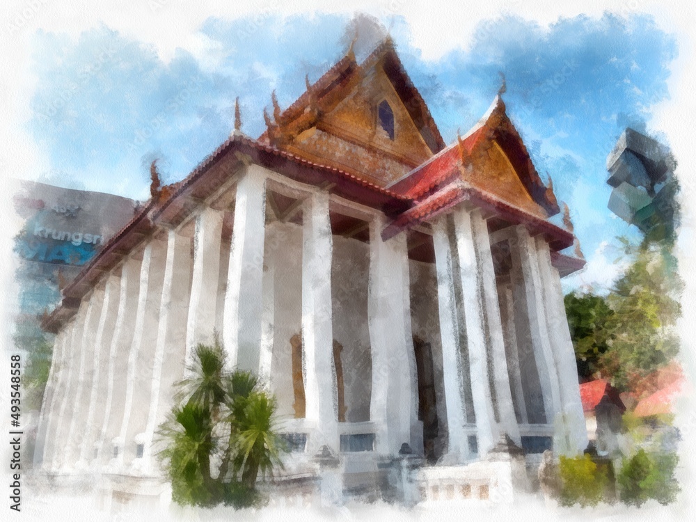 ancient Thai architecture building watercolor style illustration impressionist painting. ancient Thai architecture building watercolor style illustration impressionist painting.