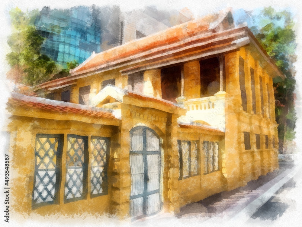 The ancient yellow building of European architecture has wooden doors and windows watercolor style illustration impressionist painting.