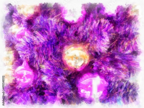 Purple Christmas tree decorated with purple and gold balls watercolor style illustration impressionist painting.