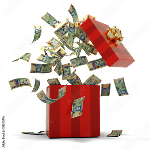 3D rendering of A lot of100 Bahamian dollar notes coming out of an opened red gift box. Money flying out of box photo