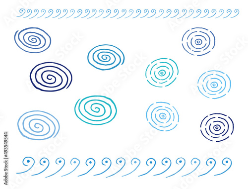 波と渦　水彩タッチのイラストセット