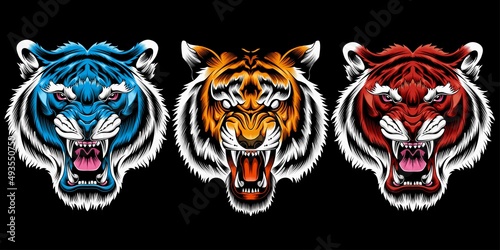 set of angry tiger head vector illustration