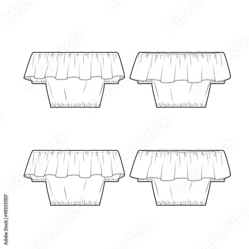 Fényképezés Women's Shoulder Ruffle Crop Top fashion vector sketch, Apparel template