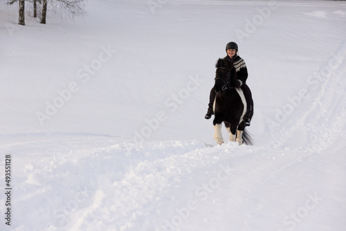 Icelandic horse ride in deep snow. Female rider with Icelandic sweater and helmet.