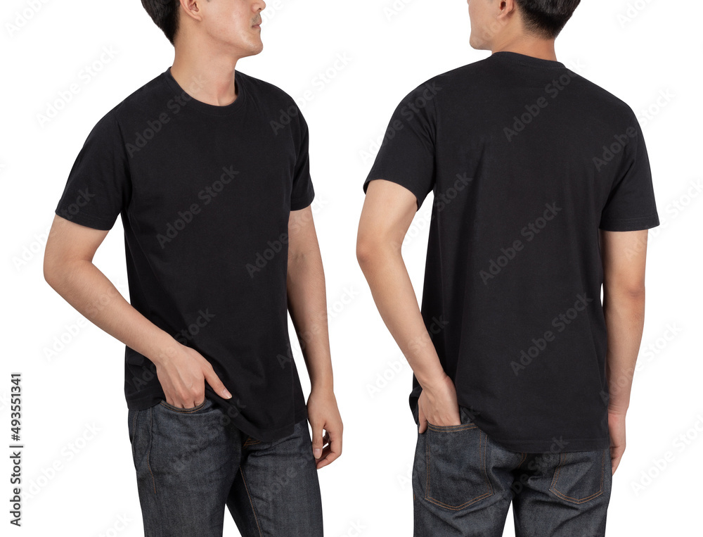 Young man in black T shirt mockup isolated on white background with clipping path. Young man in black T shirt mockup isolated on white background with clipping path.