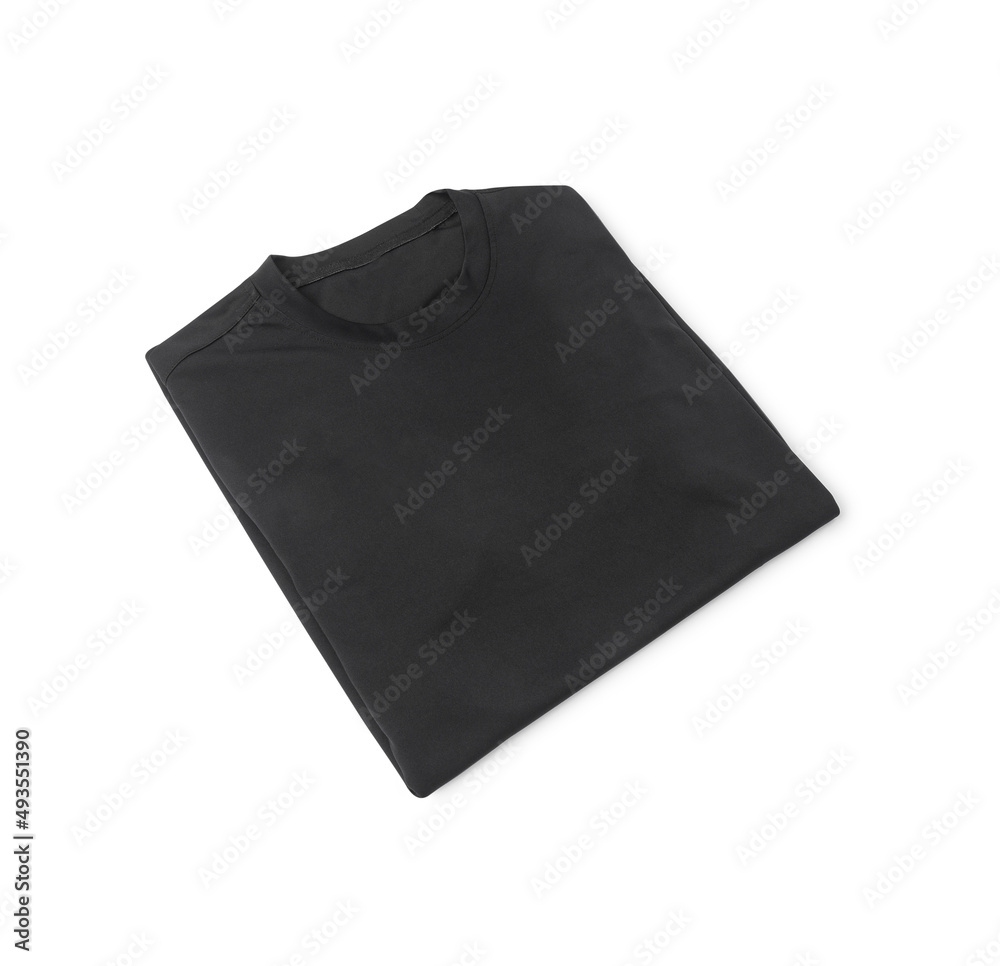 Black folded sport t-shirt mockup front and back isolated on white background with clipping path. Black folded sport t-shirt mockup front and back isolated on white background with clipping path.