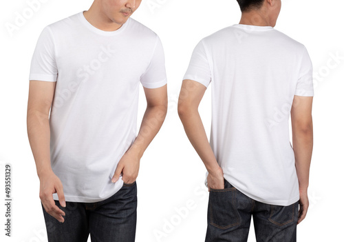 Young man in white T shirt mockup isolated on white background with clipping path.