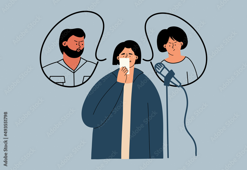 Fear of public speaking concept. A woman sweats and worries while reading from a sheet into a microphone. Fear of public speaking concept. A woman sweats and worries while reading from a sheet into a microphone.
