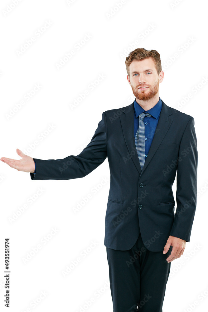 And over here we have.... Studio portrait of a handsome young businessman presenting copyspace against a white background. And over here we have.... Studio portrait of a handsome young businessman presenting copyspace against a white background.