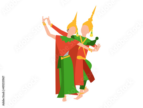 The man and woman in the Thai dancer's outfit is dancing .