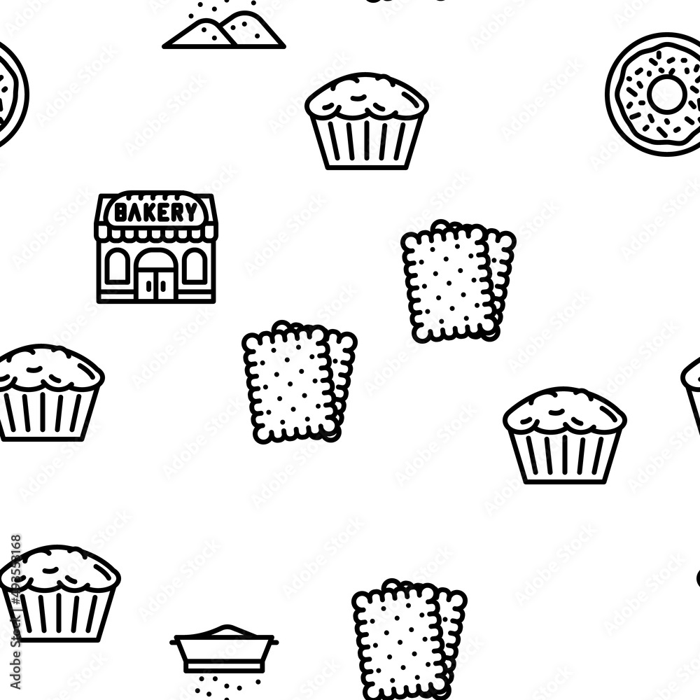Bakery Delicious Dessert Food Vector Seamless Pattern Thin Line Illustration