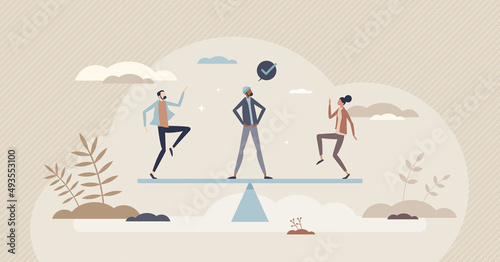 Mediation and arbitration service for conflict assistance tiny person concept. Find middle balance with disagreement settlements vector illustration. Relationship psychologist support as mediator.