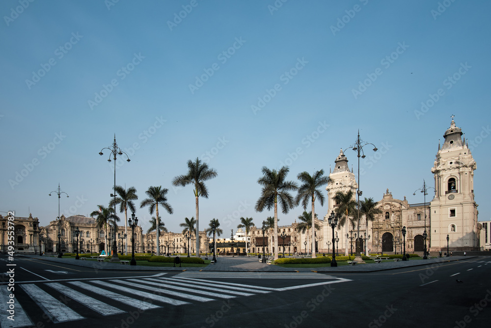 panoramic scene of the on a sunny day of the plaza mayor or main square of Lima.