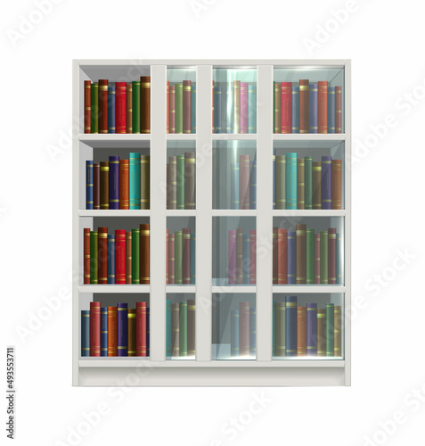 3d realistic vector icon. White cupboard with glass dors and books inside.