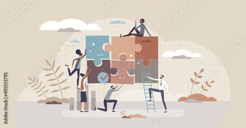 Teamwork puzzle and work collaboration with partnership tiny person concept. Jigsaw pieces match and assemble as business problem solution symbol vector illustration. Together solving work problem.