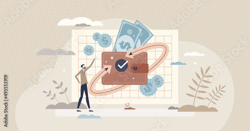 Refunds payment and money cashback after purchase tiny person concept. Finance return after dollar spending as benefits for buying with credit card vector illustration. Cash back, convert or exchange. photo