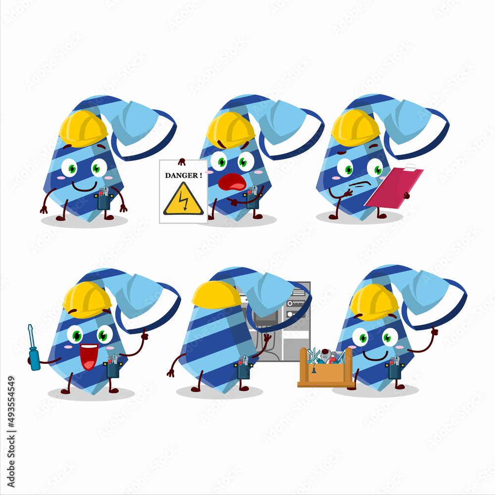 Fototapeta premium Professional Lineman blue tie cartoon character with tools