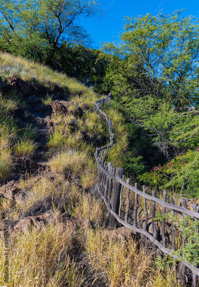 Fototapeta premium Wooden Fence Along The Ala Kahakai Trail National Historic Trail, Hawaii Island, Hawaii, USA